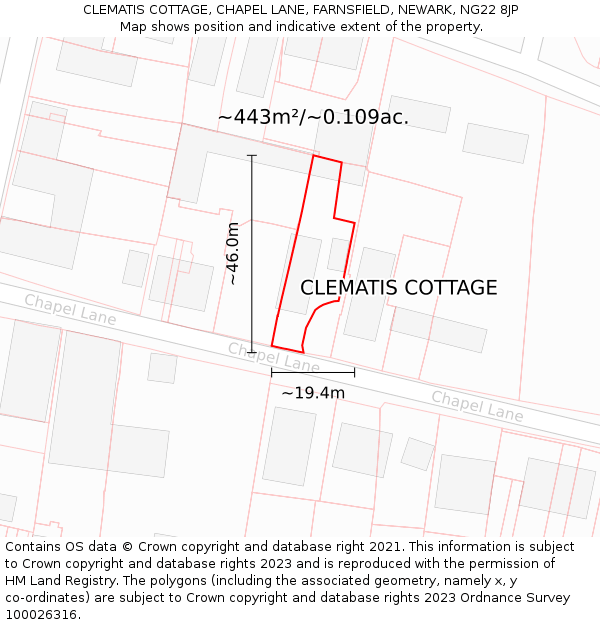 CLEMATIS COTTAGE, CHAPEL LANE, FARNSFIELD, NEWARK, NG22 8JP: Plot and title map