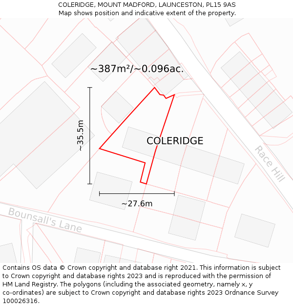 COLERIDGE, MOUNT MADFORD, LAUNCESTON, PL15 9AS: Plot and title map