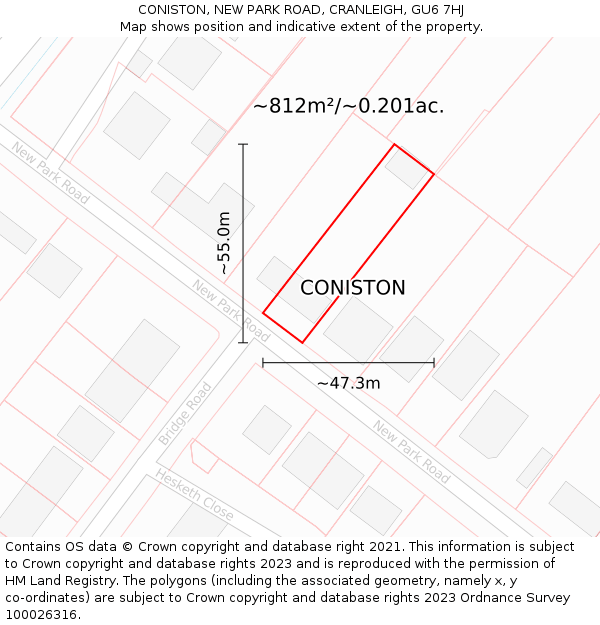 CONISTON, NEW PARK ROAD, CRANLEIGH, GU6 7HJ: Plot and title map