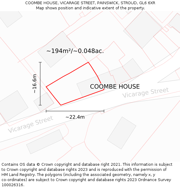 COOMBE HOUSE, VICARAGE STREET, PAINSWICK, STROUD, GL6 6XR: Plot and title map