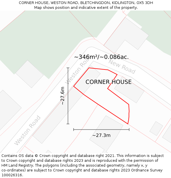 CORNER HOUSE, WESTON ROAD, BLETCHINGDON, KIDLINGTON, OX5 3DH: Plot and title map