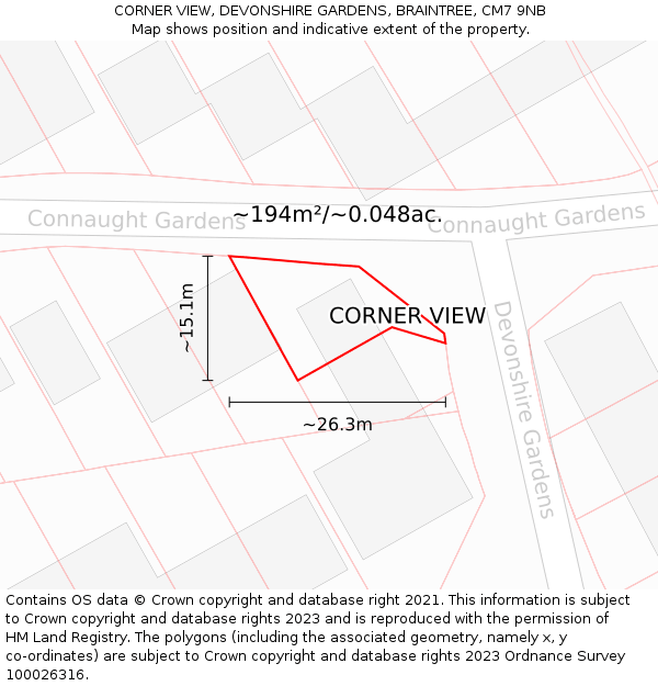 CORNER VIEW, DEVONSHIRE GARDENS, BRAINTREE, CM7 9NB: Plot and title map