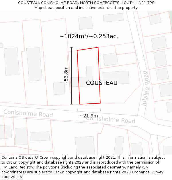 COUSTEAU, CONISHOLME ROAD, NORTH SOMERCOTES, LOUTH, LN11 7PS: Plot and title map