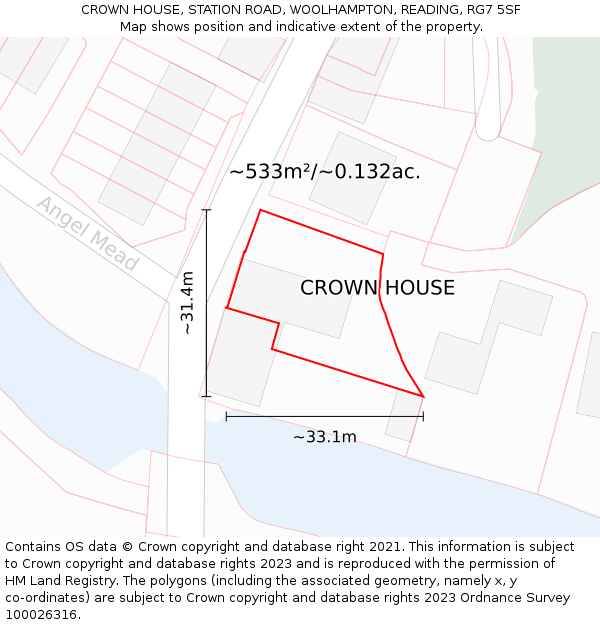 CROWN HOUSE, STATION ROAD, WOOLHAMPTON, READING, RG7 5SF: Plot and title map