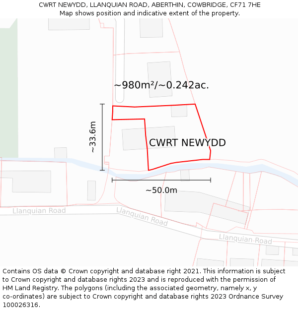 CWRT NEWYDD, LLANQUIAN ROAD, ABERTHIN, COWBRIDGE, CF71 7HE: Plot and title map