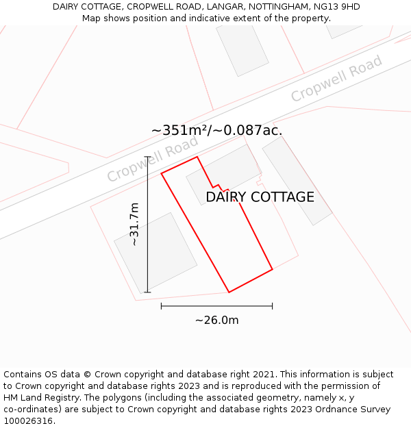 DAIRY COTTAGE, CROPWELL ROAD, LANGAR, NOTTINGHAM, NG13 9HD: Plot and title map