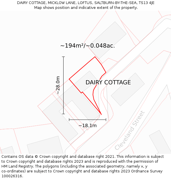 DAIRY COTTAGE, MICKLOW LANE, LOFTUS, SALTBURN-BY-THE-SEA, TS13 4JE: Plot and title map