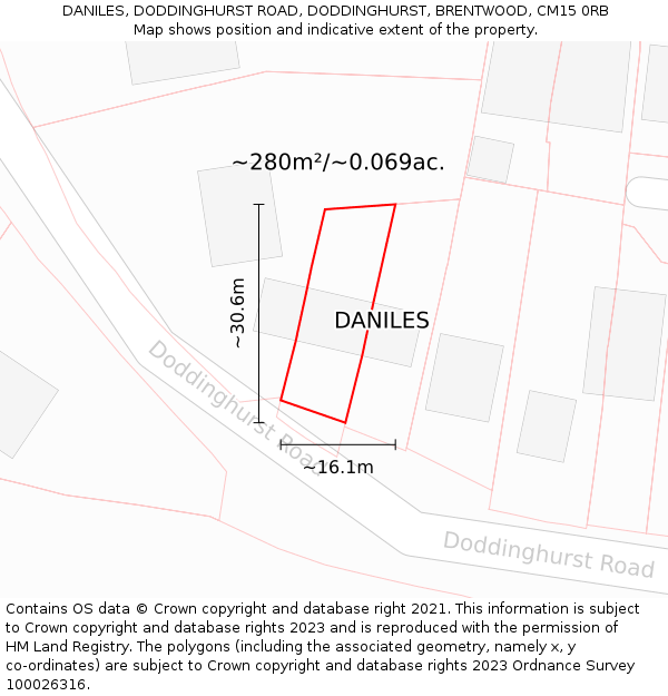 DANILES, DODDINGHURST ROAD, DODDINGHURST, BRENTWOOD, CM15 0RB: Plot and title map