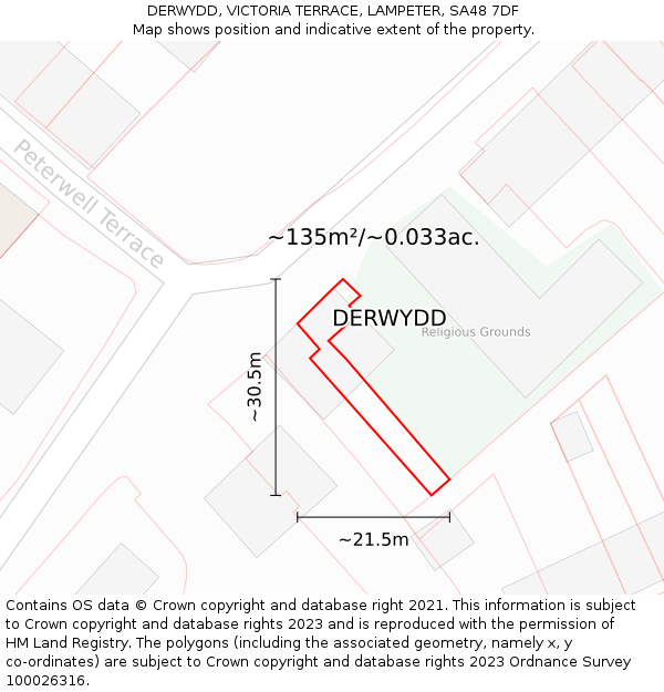 DERWYDD, VICTORIA TERRACE, LAMPETER, SA48 7DF: Plot and title map