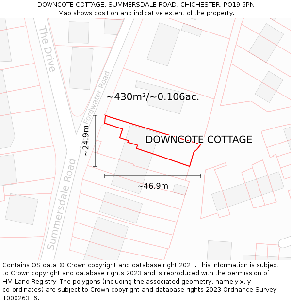 DOWNCOTE COTTAGE, SUMMERSDALE ROAD, CHICHESTER, PO19 6PN: Plot and title map