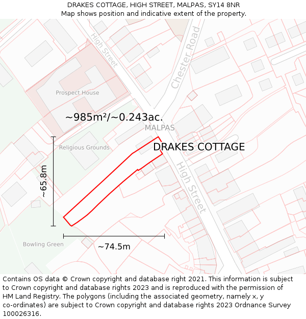 DRAKES COTTAGE, HIGH STREET, MALPAS, SY14 8NR: Plot and title map