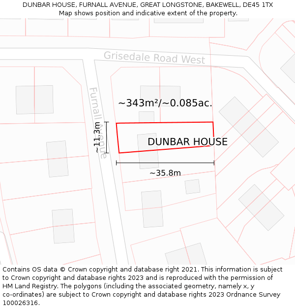 DUNBAR HOUSE, FURNALL AVENUE, GREAT LONGSTONE, BAKEWELL, DE45 1TX: Plot and title map