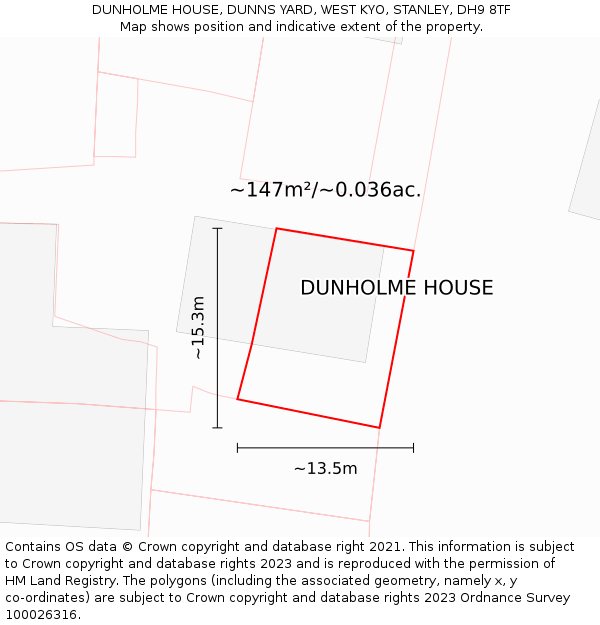 DUNHOLME HOUSE, DUNNS YARD, WEST KYO, STANLEY, DH9 8TF: Plot and title map