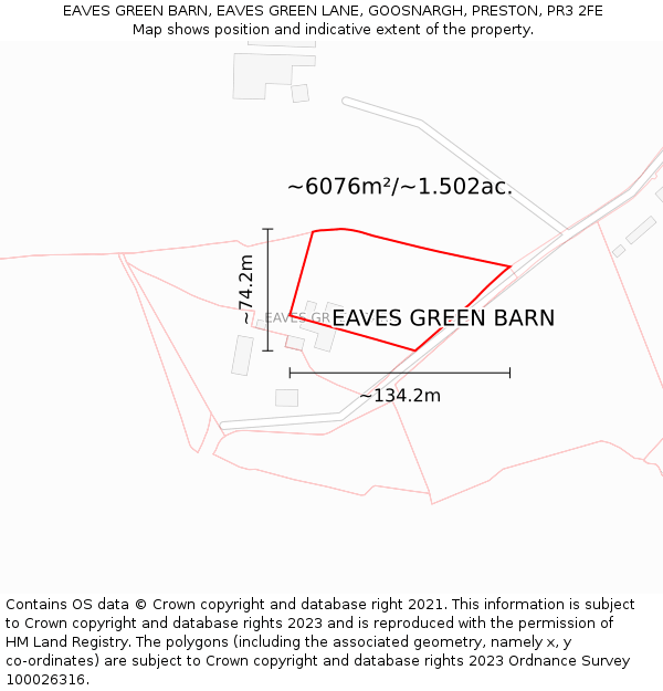 EAVES GREEN BARN, EAVES GREEN LANE, GOOSNARGH, PRESTON, PR3 2FE: Plot and title map