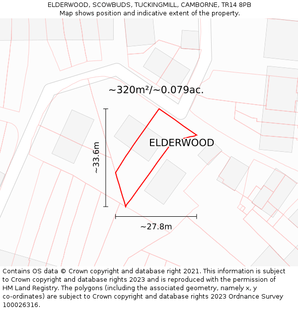 ELDERWOOD, SCOWBUDS, TUCKINGMILL, CAMBORNE, TR14 8PB: Plot and title map