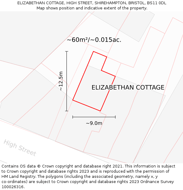 ELIZABETHAN COTTAGE, HIGH STREET, SHIREHAMPTON, BRISTOL, BS11 0DL: Plot and title map