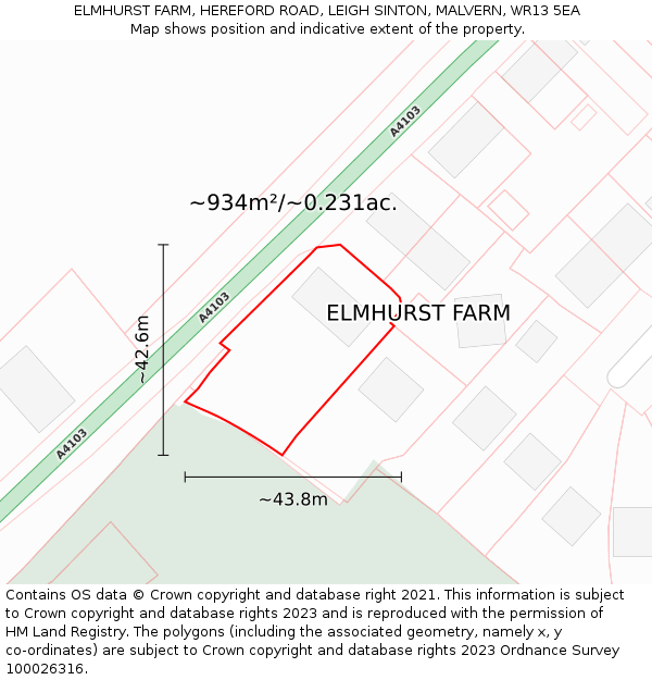 ELMHURST FARM, HEREFORD ROAD, LEIGH SINTON, MALVERN, WR13 5EA: Plot and title map