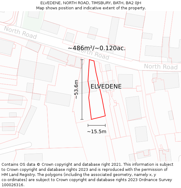 ELVEDENE, NORTH ROAD, TIMSBURY, BATH, BA2 0JH: Plot and title map