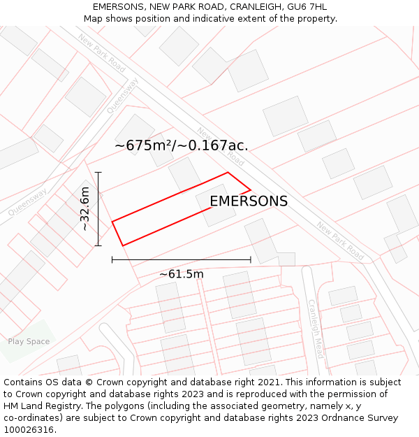 EMERSONS, NEW PARK ROAD, CRANLEIGH, GU6 7HL: Plot and title map