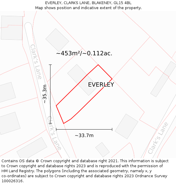 EVERLEY, CLARKS LANE, BLAKENEY, GL15 4BL: Plot and title map