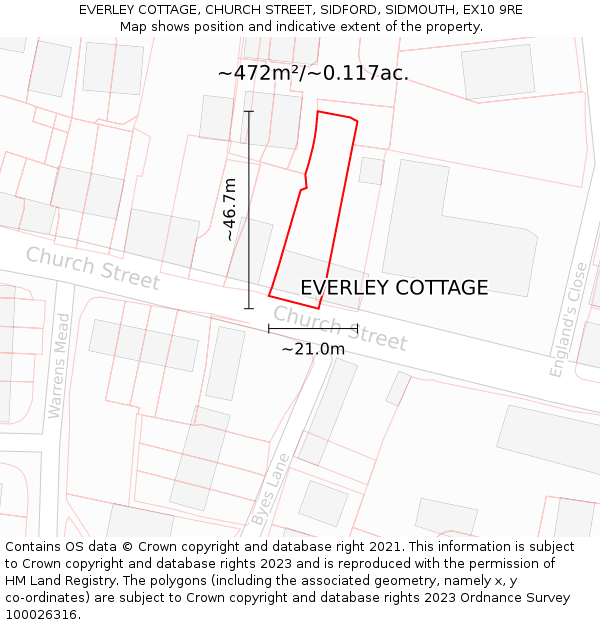 EVERLEY COTTAGE, CHURCH STREET, SIDFORD, SIDMOUTH, EX10 9RE: Plot and title map