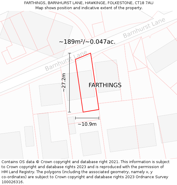 FARTHINGS, BARNHURST LANE, HAWKINGE, FOLKESTONE, CT18 7AU: Plot and title map