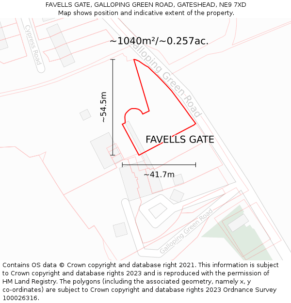 FAVELLS GATE, GALLOPING GREEN ROAD, GATESHEAD, NE9 7XD: Plot and title map