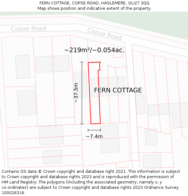 FERN COTTAGE, COPSE ROAD, HASLEMERE, GU27 3QQ: Plot and title map