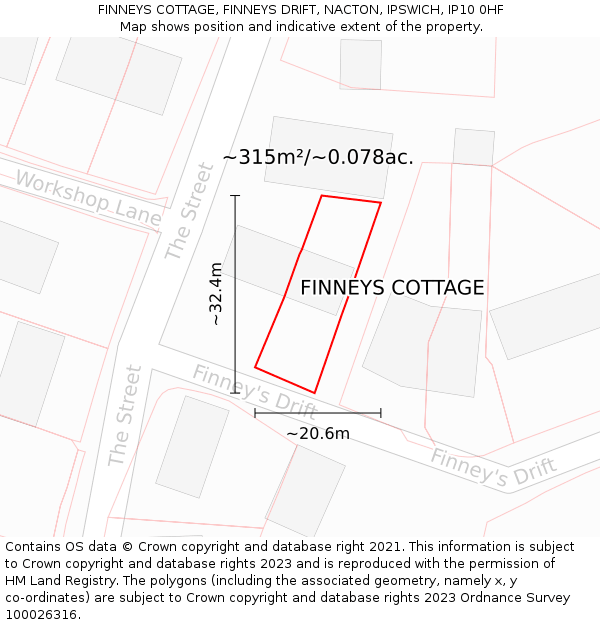 FINNEYS COTTAGE, FINNEYS DRIFT, NACTON, IPSWICH, IP10 0HF: Plot and title map