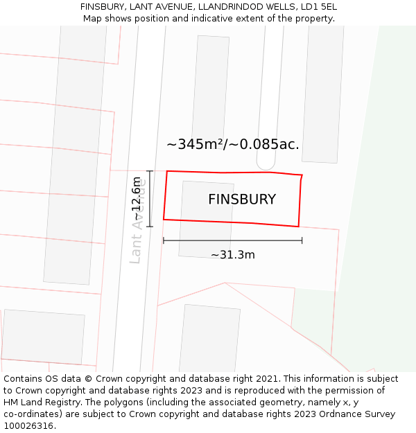 FINSBURY, LANT AVENUE, LLANDRINDOD WELLS, LD1 5EL: Plot and title map