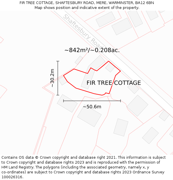 FIR TREE COTTAGE, SHAFTESBURY ROAD, MERE, WARMINSTER, BA12 6BN: Plot and title map