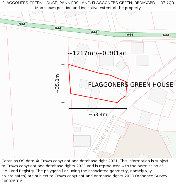 FLAGGONERS GREEN HOUSE, PANNIERS LANE, FLAGGONERS GREEN, BROMYARD, HR7 4QR: Plot and title map