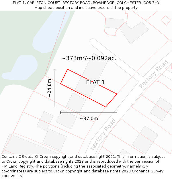 FLAT 1, CARLETON COURT, RECTORY ROAD, ROWHEDGE, COLCHESTER, CO5 7HY: Plot and title map