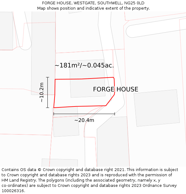 FORGE HOUSE, WESTGATE, SOUTHWELL, NG25 0LD: Plot and title map