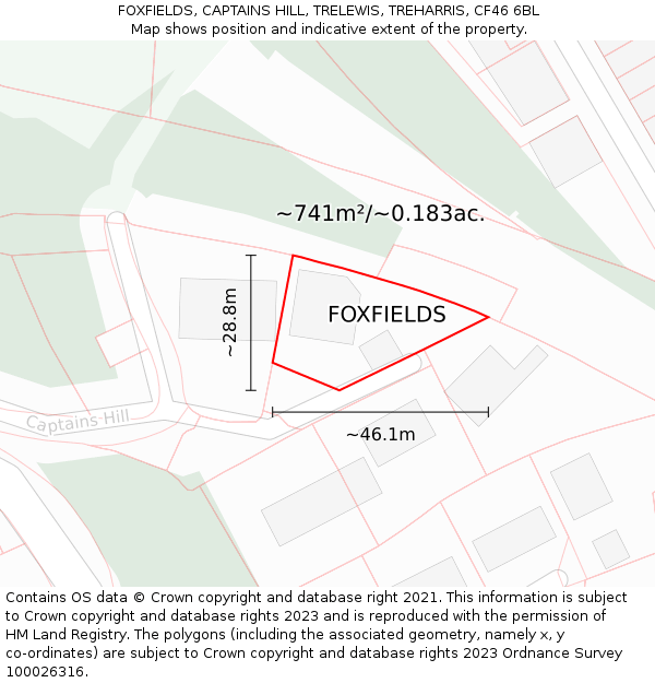 FOXFIELDS, CAPTAINS HILL, TRELEWIS, TREHARRIS, CF46 6BL: Plot and title map