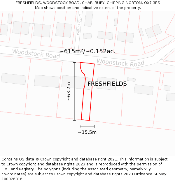 FRESHFIELDS, WOODSTOCK ROAD, CHARLBURY, CHIPPING NORTON, OX7 3ES: Plot and title map