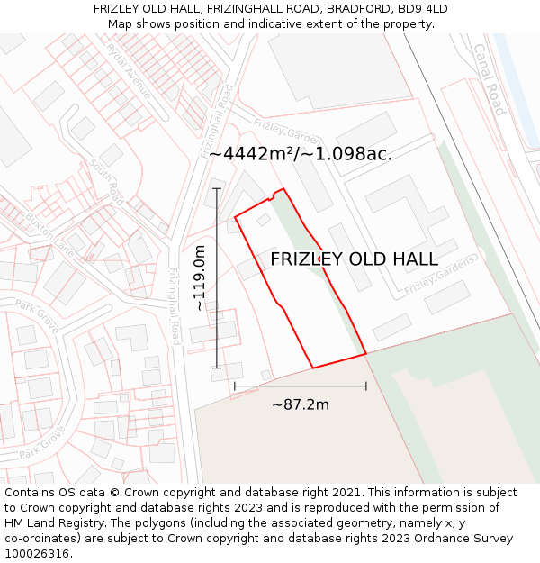 FRIZLEY OLD HALL, FRIZINGHALL ROAD, BRADFORD, BD9 4LD: Plot and title map