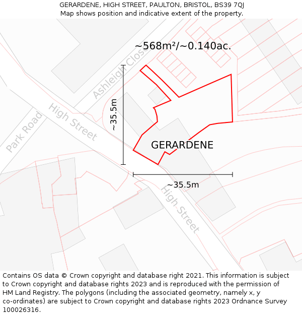 GERARDENE, HIGH STREET, PAULTON, BRISTOL, BS39 7QJ: Plot and title map