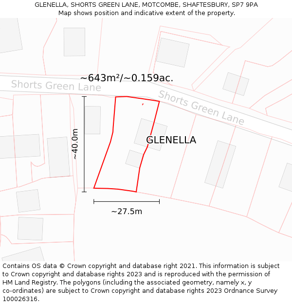 GLENELLA, SHORTS GREEN LANE, MOTCOMBE, SHAFTESBURY, SP7 9PA: Plot and title map