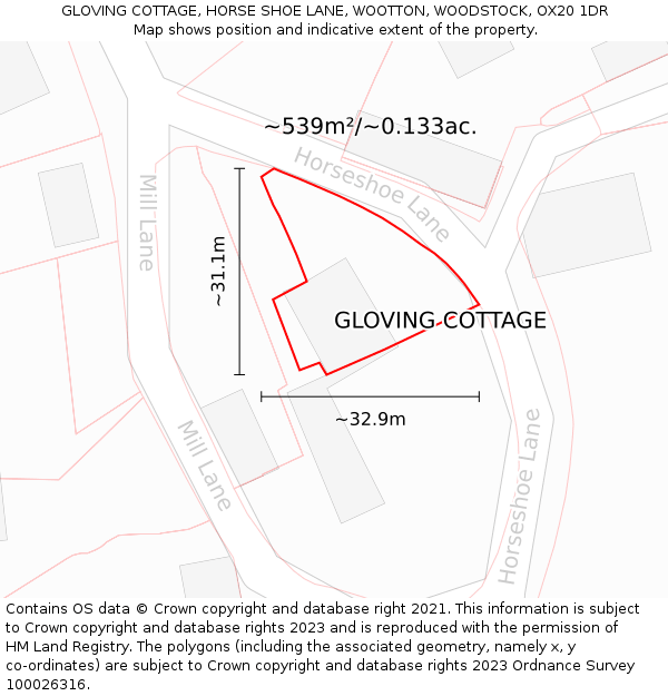 GLOVING COTTAGE, HORSE SHOE LANE, WOOTTON, WOODSTOCK, OX20 1DR: Plot and title map