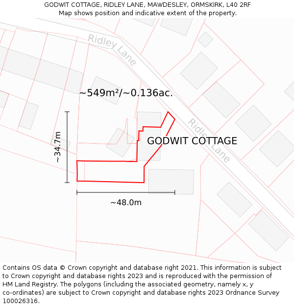 GODWIT COTTAGE, RIDLEY LANE, MAWDESLEY, ORMSKIRK, L40 2RF: Plot and title map