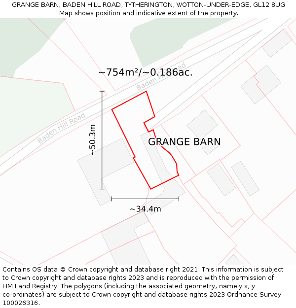 GRANGE BARN, BADEN HILL ROAD, TYTHERINGTON, WOTTON-UNDER-EDGE, GL12 8UG: Plot and title map