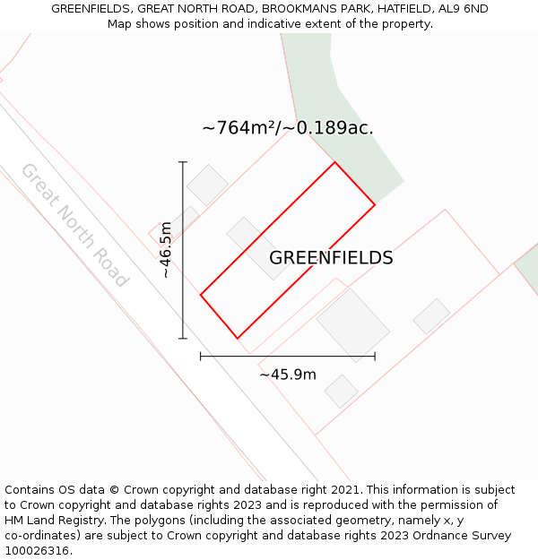 GREENFIELDS, GREAT NORTH ROAD, BROOKMANS PARK, HATFIELD, AL9 6ND: Plot and title map