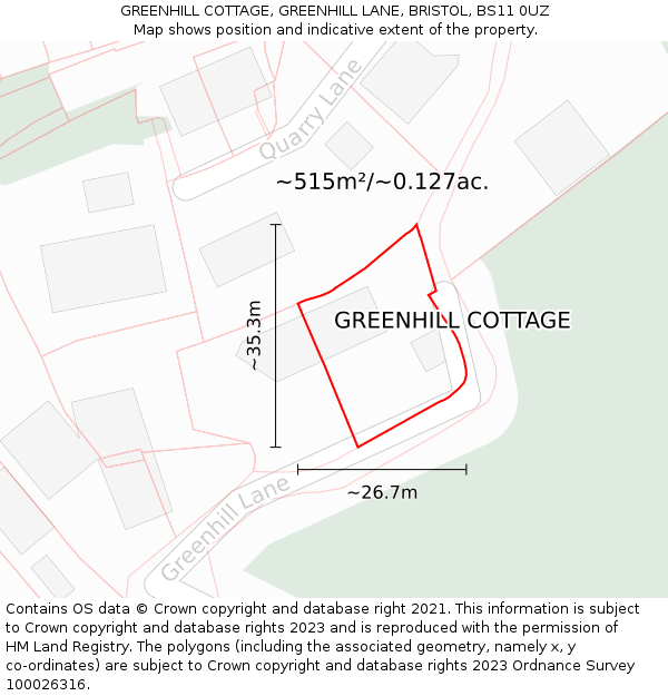 GREENHILL COTTAGE, GREENHILL LANE, BRISTOL, BS11 0UZ: Plot and title map