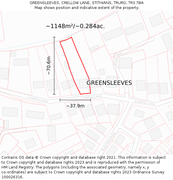 GREENSLEEVES, CRELLOW LANE, STITHIANS, TRURO, TR3 7BA: Plot and title map