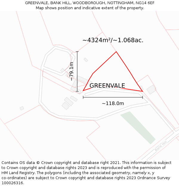 GREENVALE, BANK HILL, WOODBOROUGH, NOTTINGHAM, NG14 6EF: Plot and title map