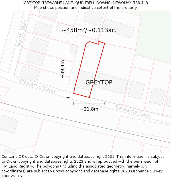 GREYTOP, TREWARNE LANE, QUINTRELL DOWNS, NEWQUAY, TR8 4LB: Plot and title map