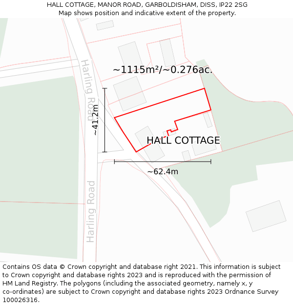 HALL COTTAGE, MANOR ROAD, GARBOLDISHAM, DISS, IP22 2SG: Plot and title map