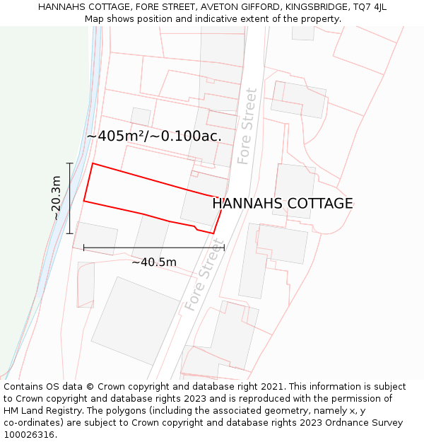 HANNAHS COTTAGE, FORE STREET, AVETON GIFFORD, KINGSBRIDGE, TQ7 4JL: Plot and title map