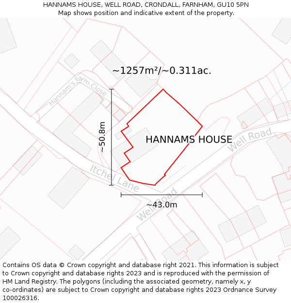 HANNAMS HOUSE, WELL ROAD, CRONDALL, FARNHAM, GU10 5PN: Plot and title map